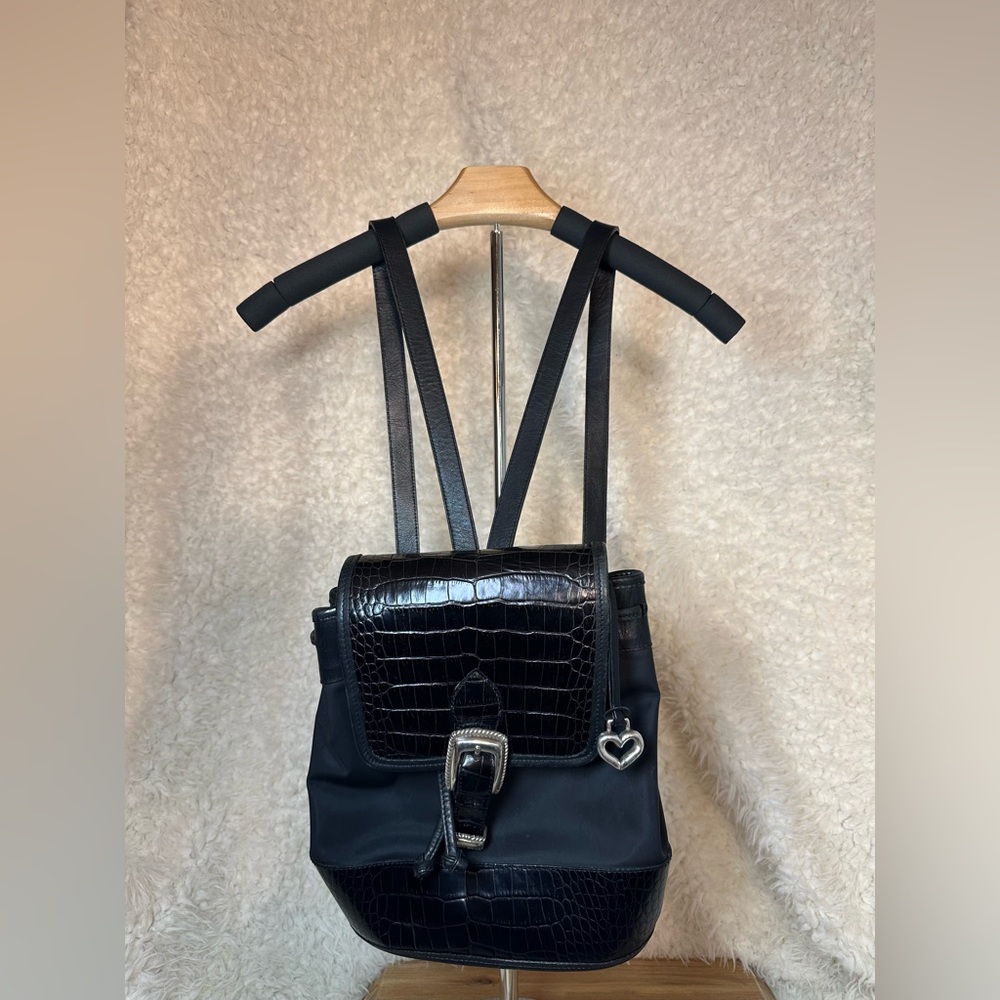 Brighton Mini Backpack Black Nylon and embossed black leather